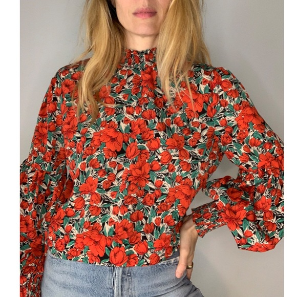 Vintage Floral Rose Cropped Puff Sleeve 70s Style Statement Party Blouse - Picture 14 of 15